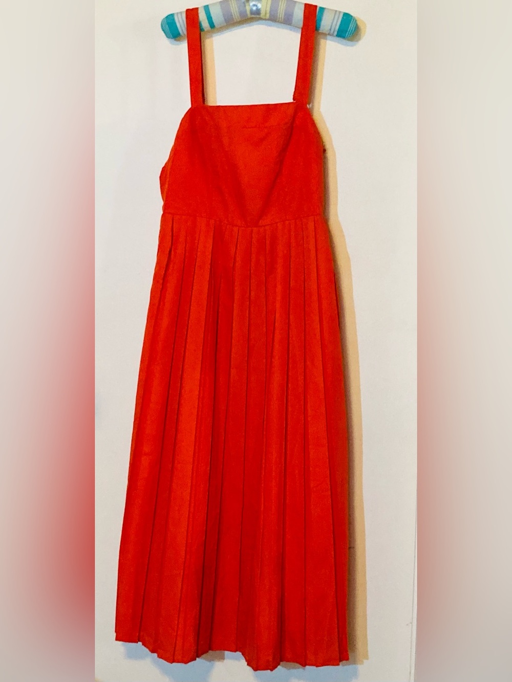 Lulu's Vibrant Saffron Red Fitted Bodice Classic Pleated Maxi Dress with Straps